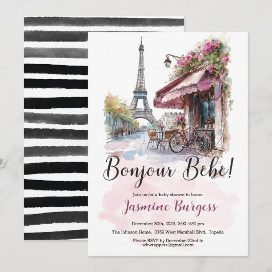 Pariser Kinderdusche Einladung - Bonjour Bebe (Vorne/Hinten)