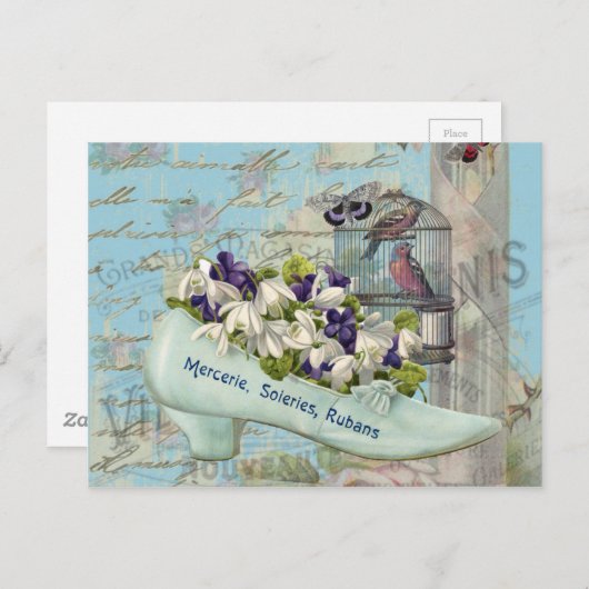 Pariser Kunstdecoupage - hübsche blaue Schuhe Blum Postkarte (Vorne/Hinten)