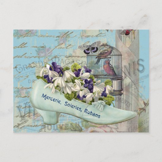 Pariser Kunstdecoupage - hübsche blaue Schuhe Blum Postkarte (Vorderseite)