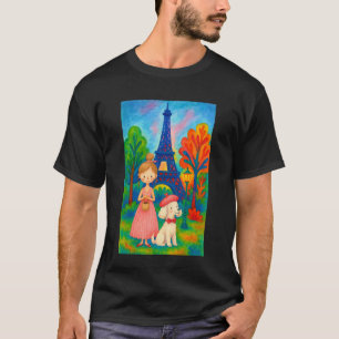 Pariser Mädchen und Pudel vor dem Eiffelturm Kunst T-Shirt