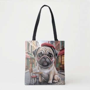 Pariser Mops im Straßenkaffeehaus Tasche