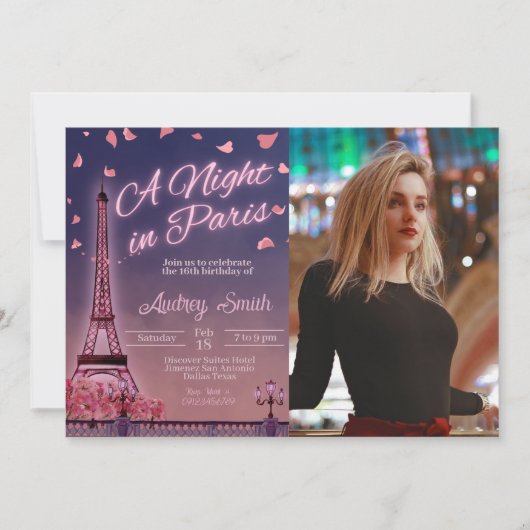 Pariser Nacht - Geburtstag mit Foto Einladung (Vorderseite)