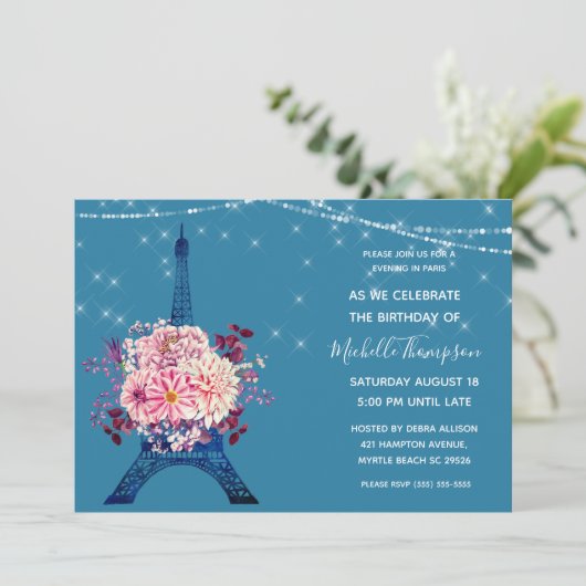 Pariser Navy Eiffel Tower Glitzer Floral Geburtsta Einladung (Stehend Vorderseite)