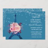 Pariser Navy Eiffel Tower Glitzer Floral Geburtsta Einladung (Vorne/Hinten)