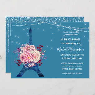 Pariser Navy Eiffel Tower Glitzer Floral Geburtsta Einladung