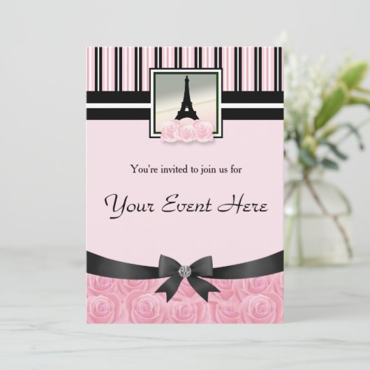 Pariser Party Eiffelturm Rosenrosen Einladung (Stehend Vorderseite)