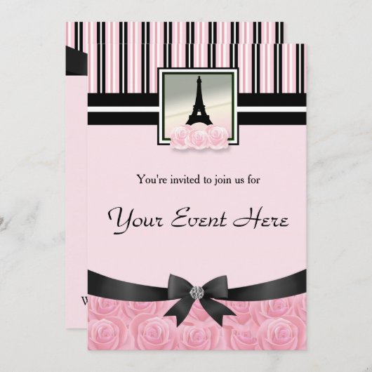 Pariser Party Eiffelturm Rosenrosen Einladung (Vorne/Hinten)