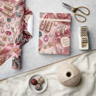 Pariser Rosa Burgunder Weihnachtsjuwelen Geschenkpapier