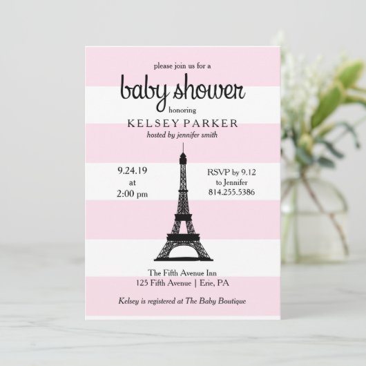 Pariser Rosa Streifen Eiffelturm Babydusche Einladung (Stehend Vorderseite)