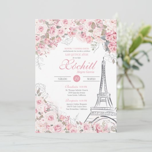 Pariser Rose Garten Blossom Pink Quinceanera Einladung (Stehend Vorderseite)