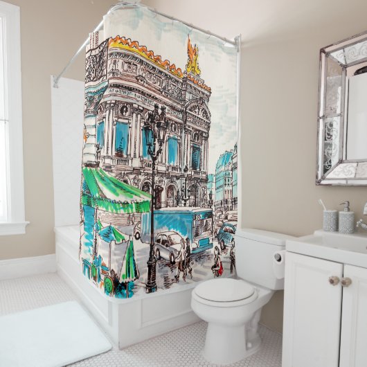 Pariser Straßenansicht des Theaters Wicked cafe p Duschvorhang (Beispiel)