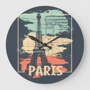 Pariser Typografie: abstraktes Eiffel-Turm-Plakat. Große Wanduhr
