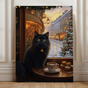 Pariser Weihnachtskatze – Whimsical Black Cat Café Leinwanddruck