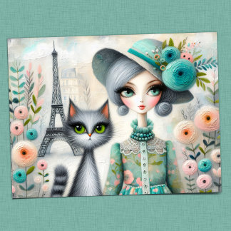 Pariser Whimsy: Stilvolle Frau und adorable Katze Postkarte