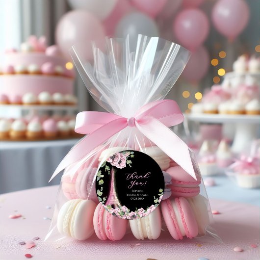 Parisian Black Pink Floral Thank You Stickers