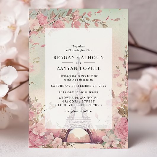 Parisian Blossom Eiffel Tower Paris Wedding Einladung
