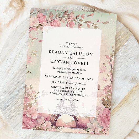 Parisian Blossom Eiffel Tower Paris Wedding Einladung