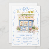 Parisian Café Blue Coquette Baby Shower Einladung (Vorne/Hinten)