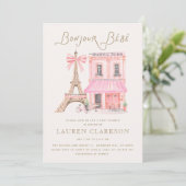 Parisian Café Bonjour Bébé Baby Shower Invitation Einladung (Stehend Vorderseite)