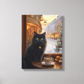 Parisian Christmas Cat – Whimsical Black Cat Café Leinwanddruck (Vorderseite)