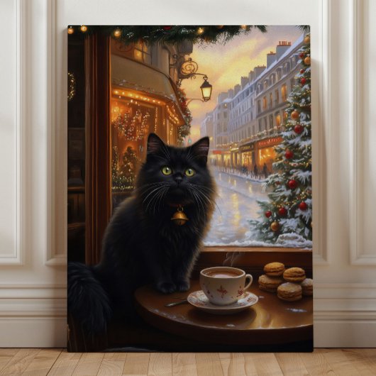 Parisian Christmas Cat – Whimsical Black Cat Café Leinwanddruck
