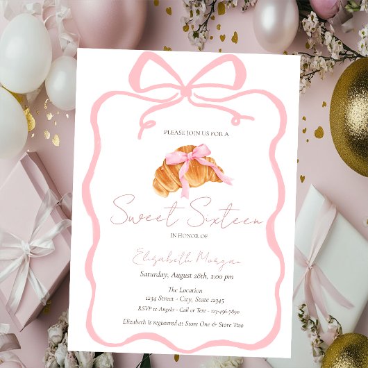 Parisian Croissant Pink Bow Sweet 16 Einladung