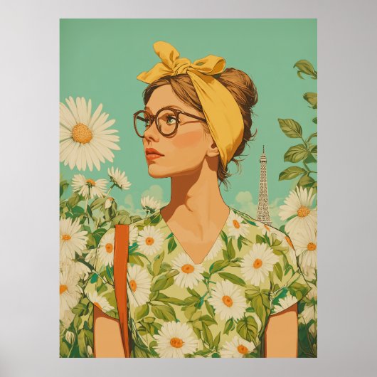 Parisian Spring Girl with Daisies Poster (Vorne)