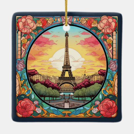 Parisian Sunset Eiffel Tower Paris French Floral Keramikornament (Rückseite)