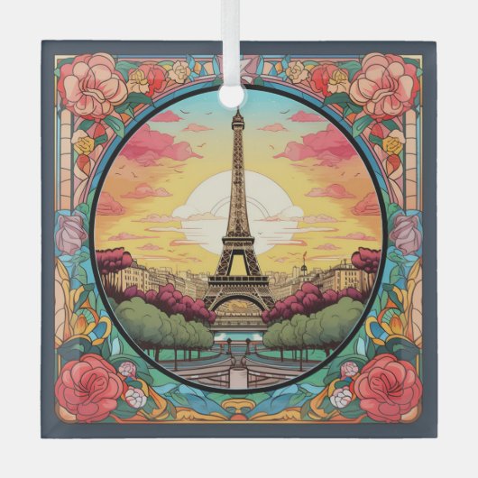 Parisian Sunset Eiffel Tower Paris French Floral Ornament Aus Glas (Vorderseite)