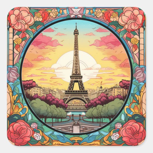 Parisian Sunset Eiffel Tower Paris French Floral Quadratischer Aufkleber (Vorderseite)