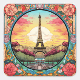 Parisian Sunset Eiffel Tower Paris French Floral Quadratischer Aufkleber