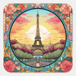 Parisian Sunset Eiffel Tower Paris French Floral Quadratischer Aufkleber