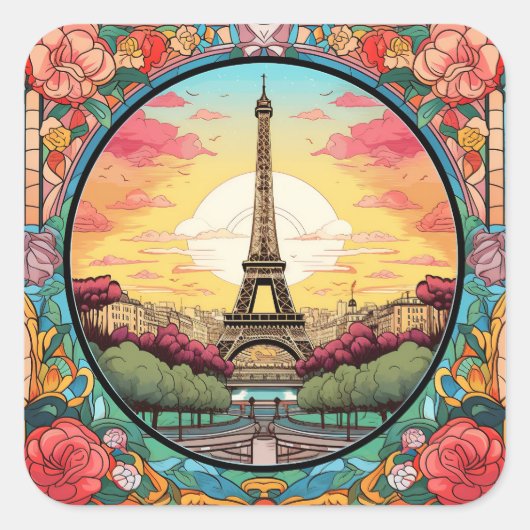 Parisian Sunset Eiffel Tower Paris French Floral Quadratischer Aufkleber (Vorderseite)