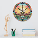 Parisian Sunset Eiffel Tower Paris French Floral Runde Wanduhr<br><div class="desc">Bright Parisian Sunset Eiffel Tower Paris French France Floral Clocks features an art deco style Paris sunset with the Eiffel Tower in a bold floral frame. Created by Evco Studio www.zazzle.com/store/evcostudio</div>