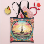 Parisian Sunset Eiffel Tower Paris French Floral Tasche<br><div class="desc">Bright Parisian Sunset Eiffel Tower Paris French France Floral Tote Bags features an art deco style Paris sunset with the Eiffel Tower in a bold floral frame. Created by Evco Studio www.zazzle.com/store/evcostudio</div>