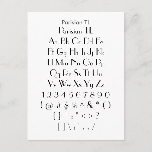 Parisian TL - Zazzle Schriftart Sampler Sheet Postkarte (Vorderseite)