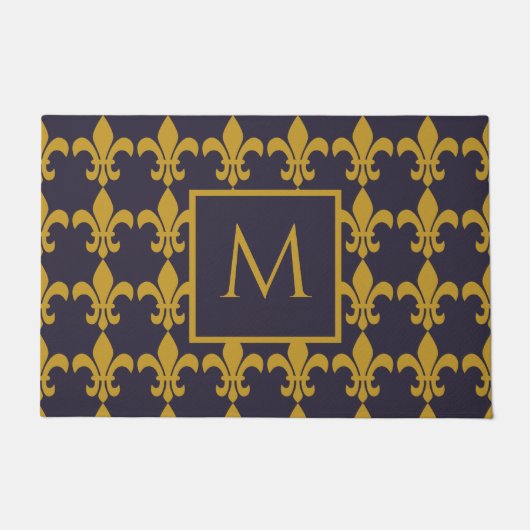 Parisienne Navy Gold Fluer De Lis Mit Monogramm Fußmatte (Vorderseite)