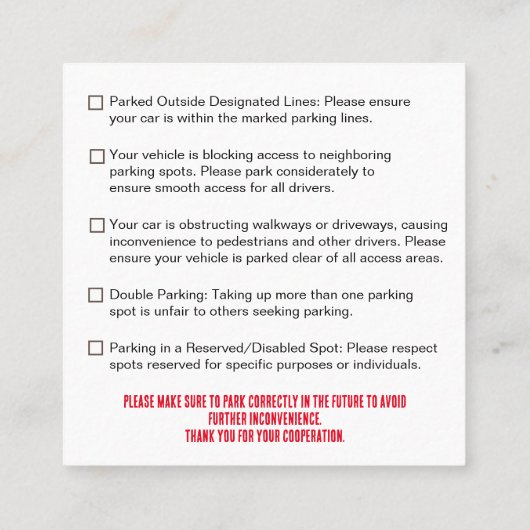 Parking Incorrectly Complaint Card, Funny Bad Park Quadratische Visitenkarte (Rückseite)