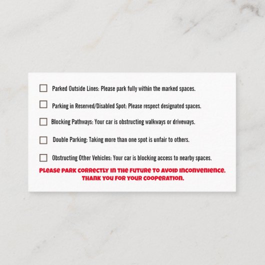 Parking Incorrectly complaint card Visitenkarte (Rückseite)