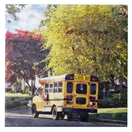 Parkplatz-Schulbus im Herbst Fliese (Vorderseite)
