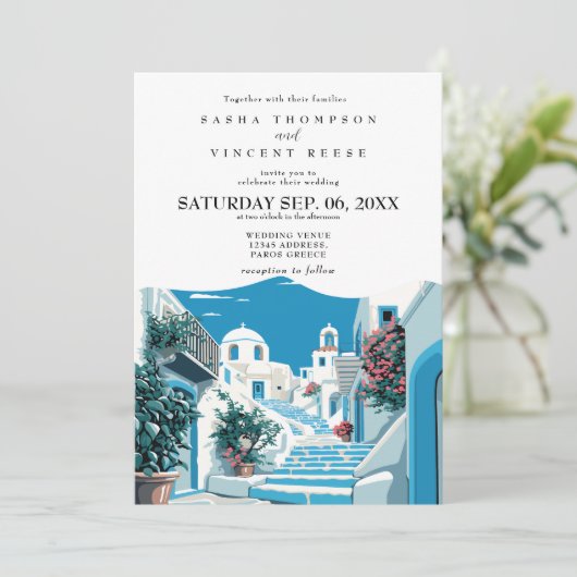Paros Greece Wedding Einladung Retro (Stehend Vorderseite)