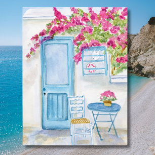 Paros Griechenland Blaue Tür & Bougainvillea Aquar Postkarte