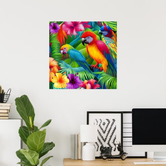 Parrot 3 Birds Tropical Floral Palmes lila Poster (Heimbüro)