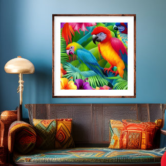 Parrot 3 Birds Tropical Floral Palmes lila Poster
