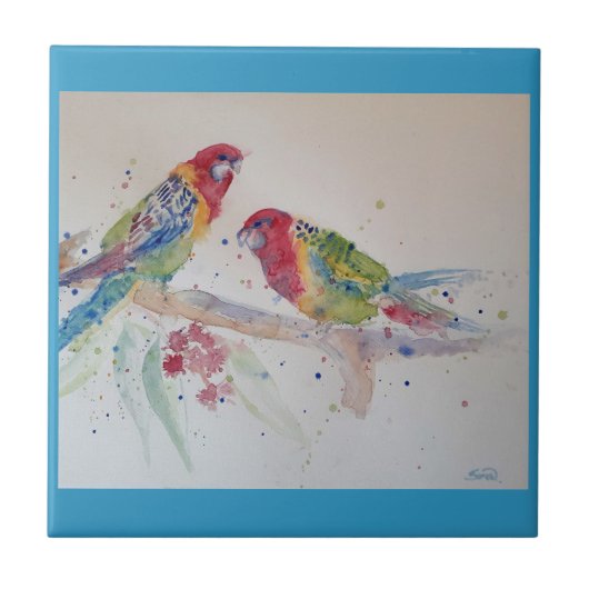Parrot Art Wasserfarben Malerei Aqua Aquamarin Fliese (Vorderseite)