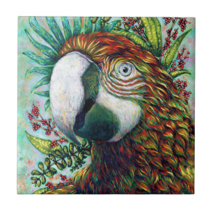 Parrot Bird Tropical Floral Green Art Keramik Tile Fliese