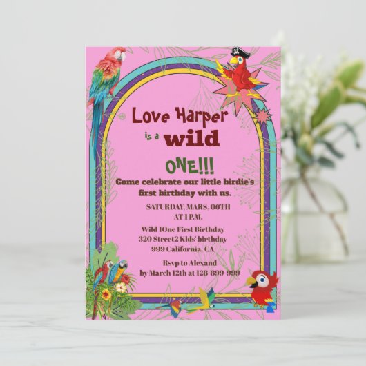 Parrot tropische Blumenparrosen 1. Geburtstag Einladung (Stehend Vorderseite)