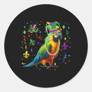 Parrot Wearing Mardi Gras Beads Jester Hat Masked Runder Aufkleber