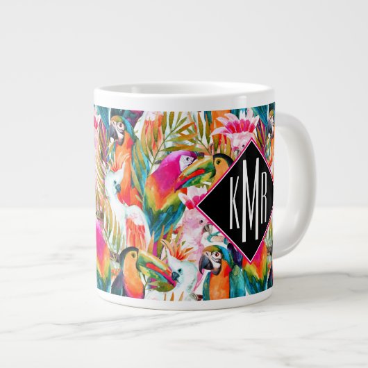Parrots & Palm Blätter| Monogramm Jumbo-Tasse (Vorderseite Rechts)