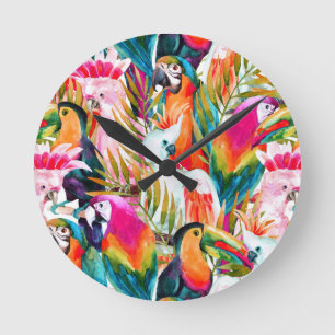 Parrots & Palm Blätter Runde Wanduhr